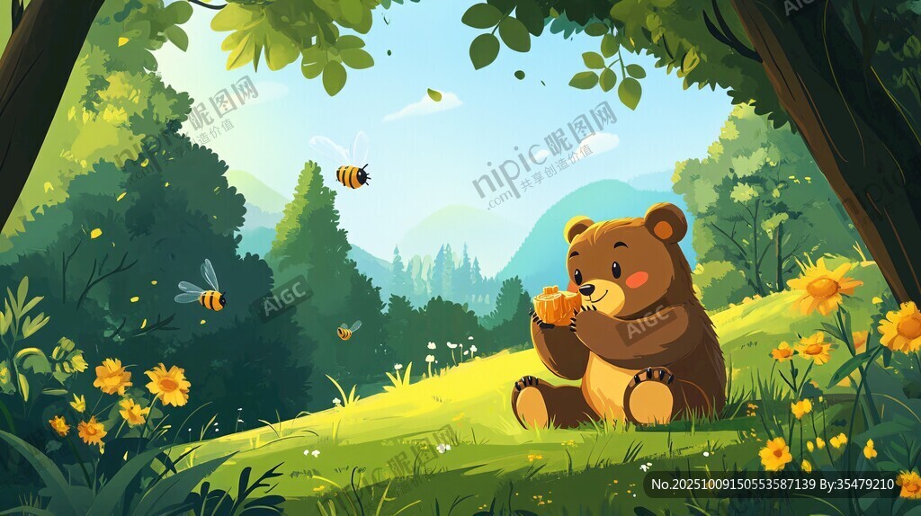 小熊在森林花叢中享用蜂蜜