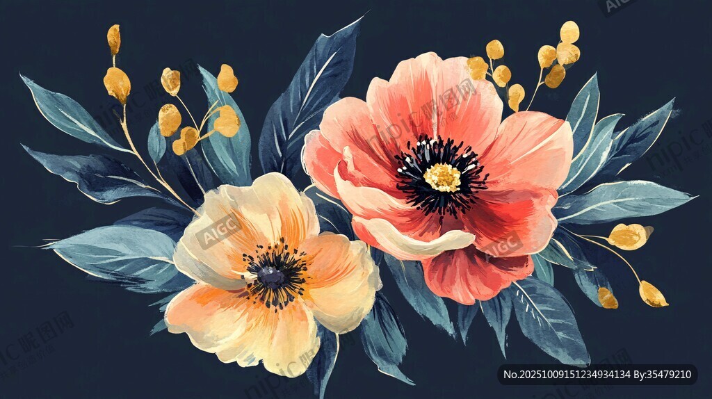 水彩花卉插畫 雙花綻放