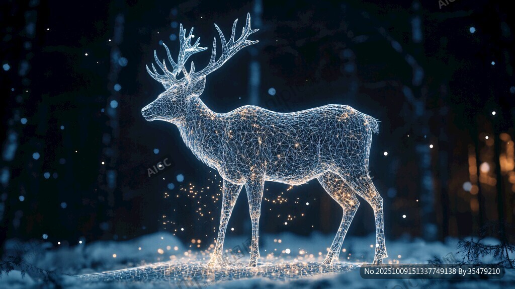 夢(mèng)幻發(fā)光鹿于雪夜森林