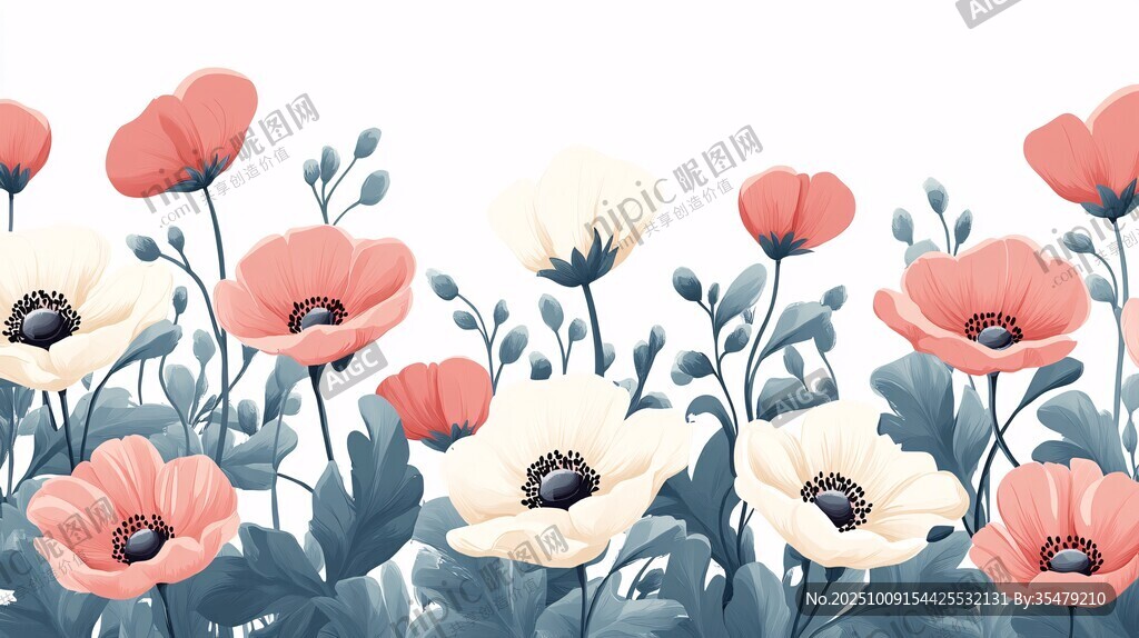 粉色白色花朵植物插畫