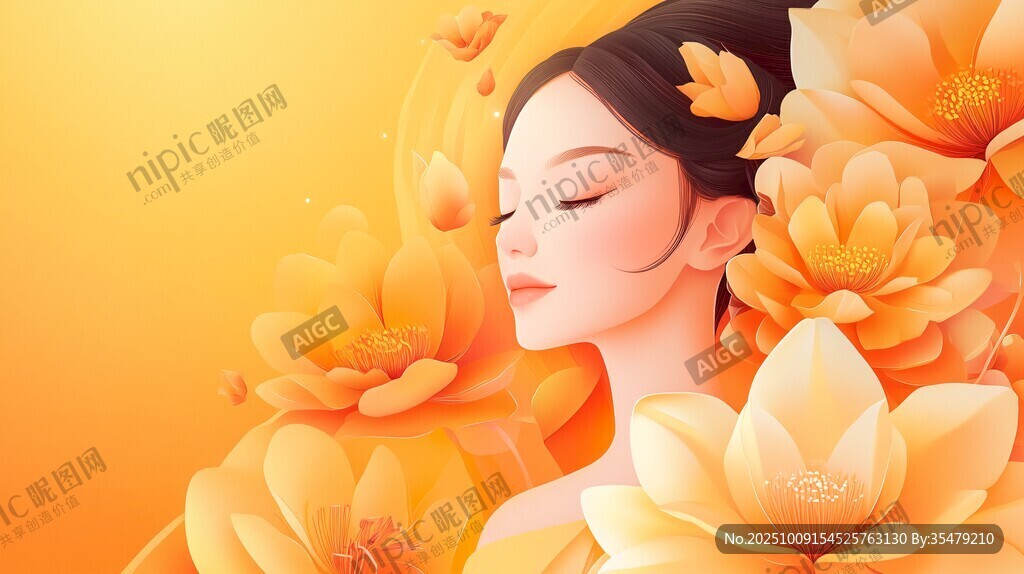 橙花簇?fù)淼臇|方優(yōu)雅女子