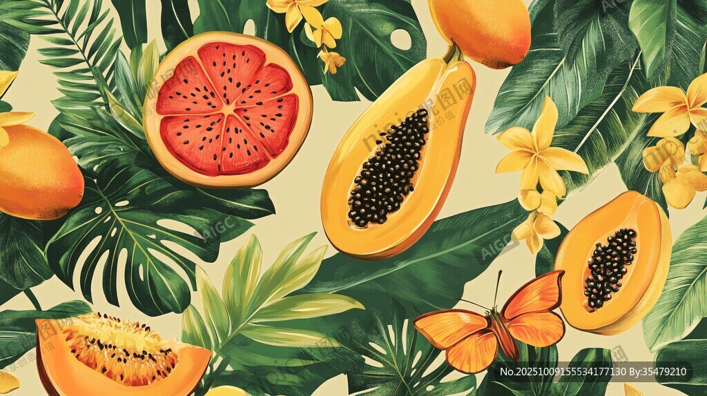 熱帶水果與花卉的清新圖案