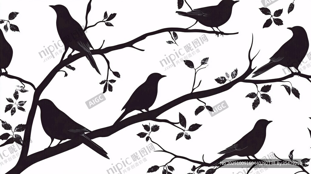 枝頭群鳥(niǎo)剪影圖