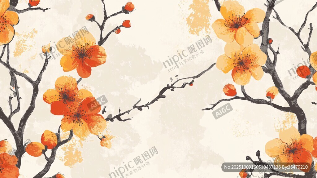 水墨風(fēng)橙黃花卉枝頭綻放