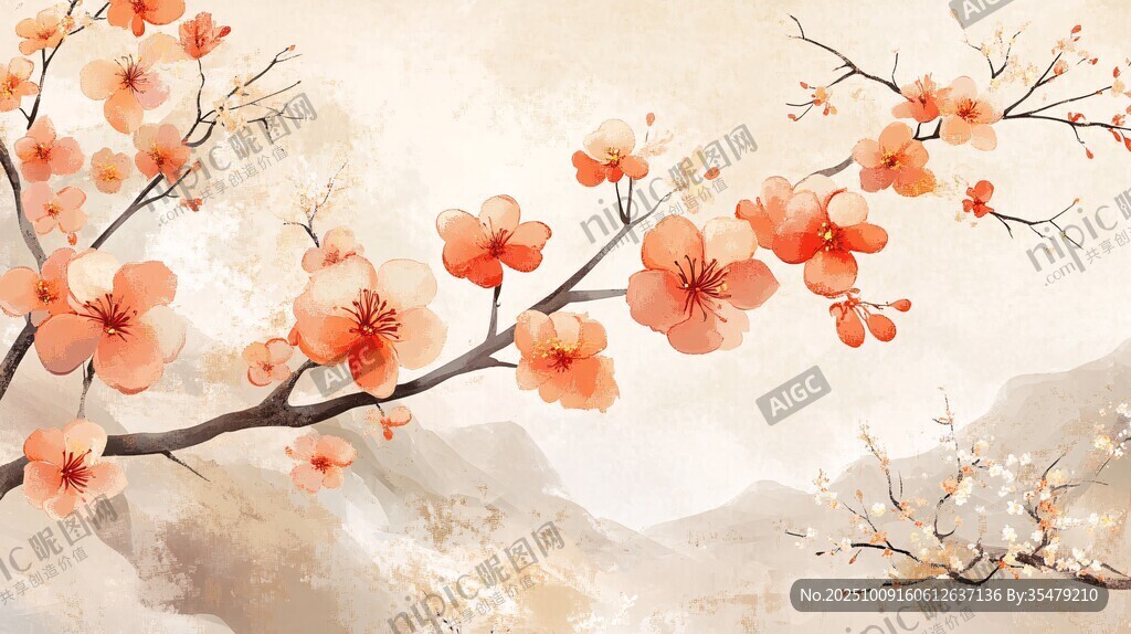 中式水墨風(fēng)綻放的艷麗梅花