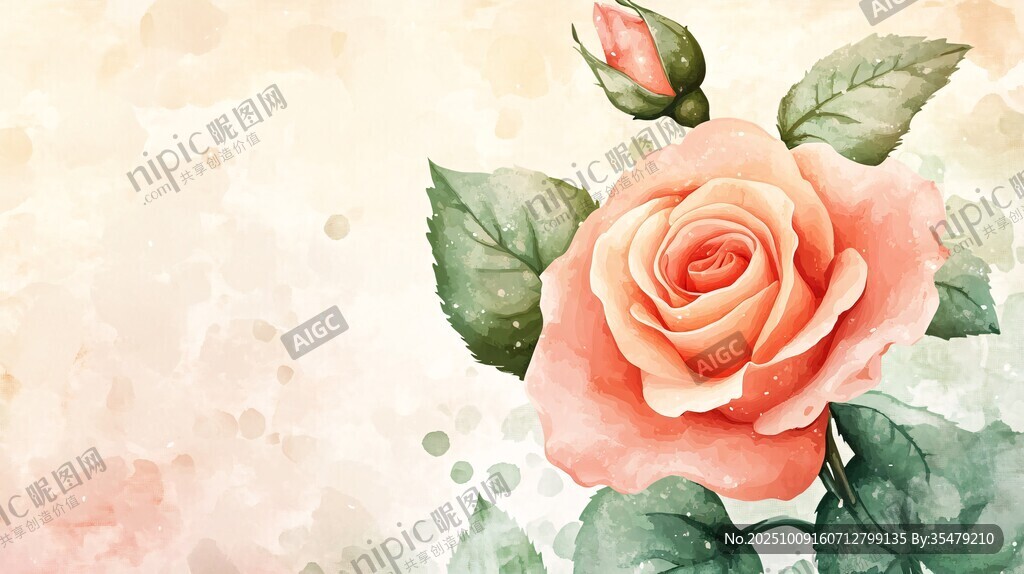 水彩繪粉色嬌艷玫瑰花