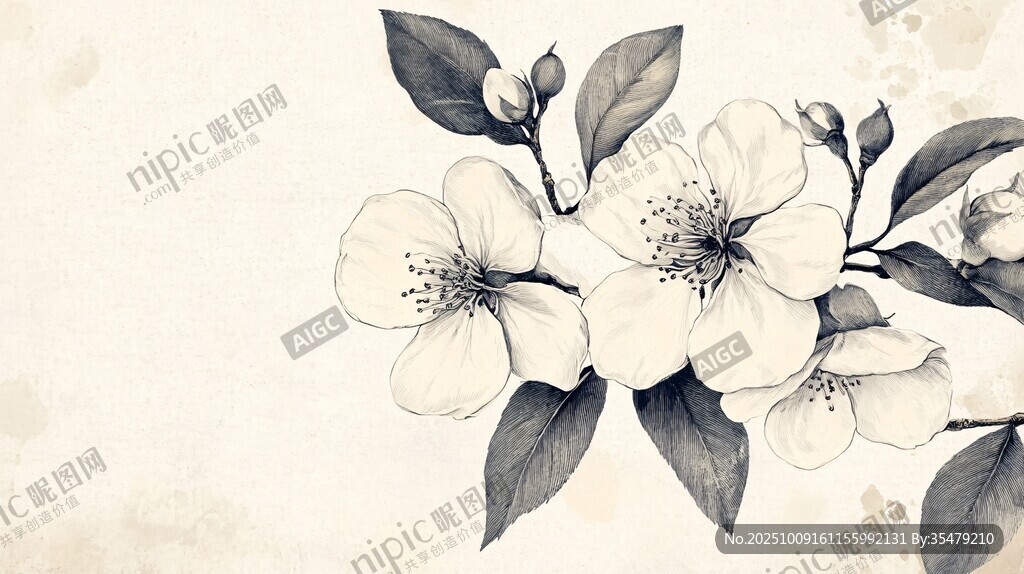 黑白花卉手繪插畫