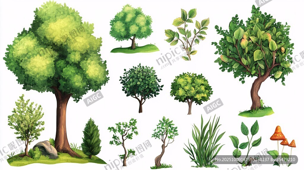 多樣樹木綠植插畫集合