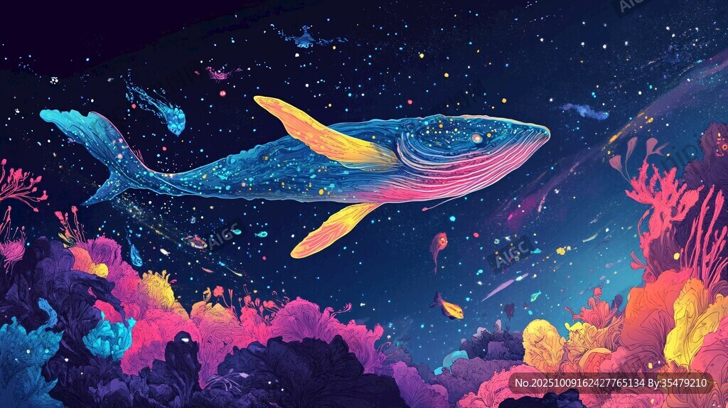 夢(mèng)幻星空下的深海奇幻鯨魚(yú)