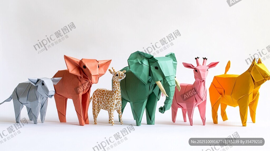 多彩折紙動(dòng)物整齊排列