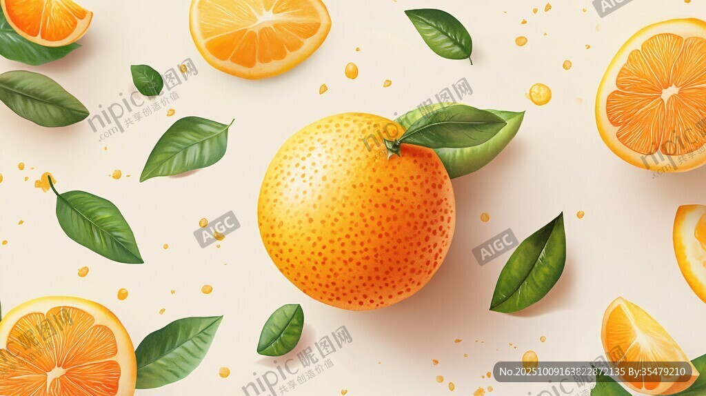 清新橙子插畫 水果與綠葉