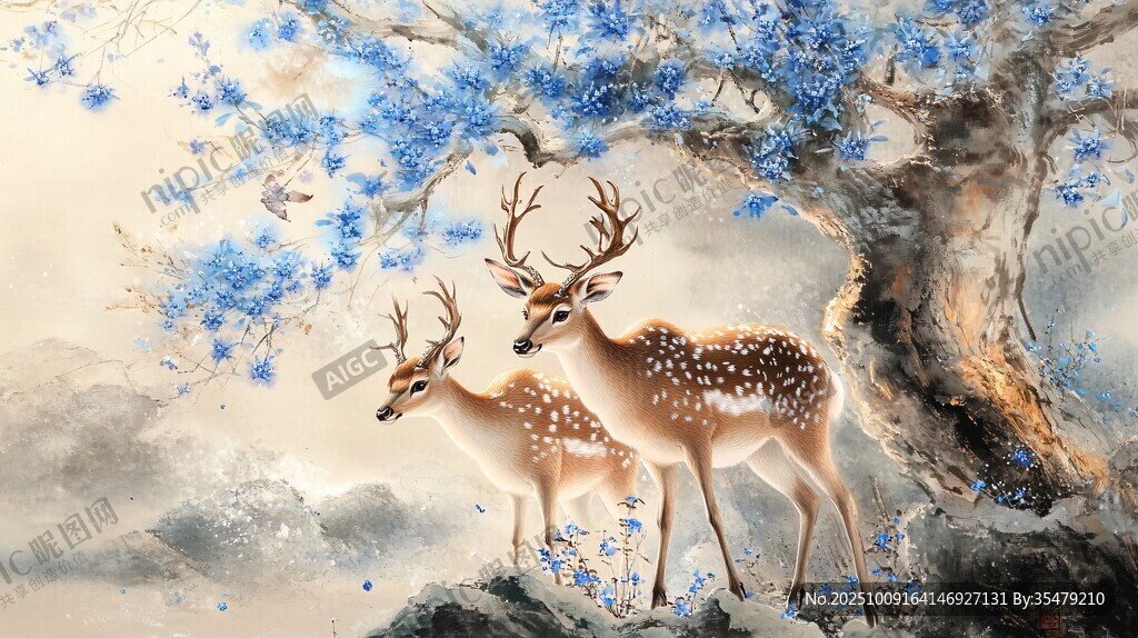 藍花樹下雙鹿圖