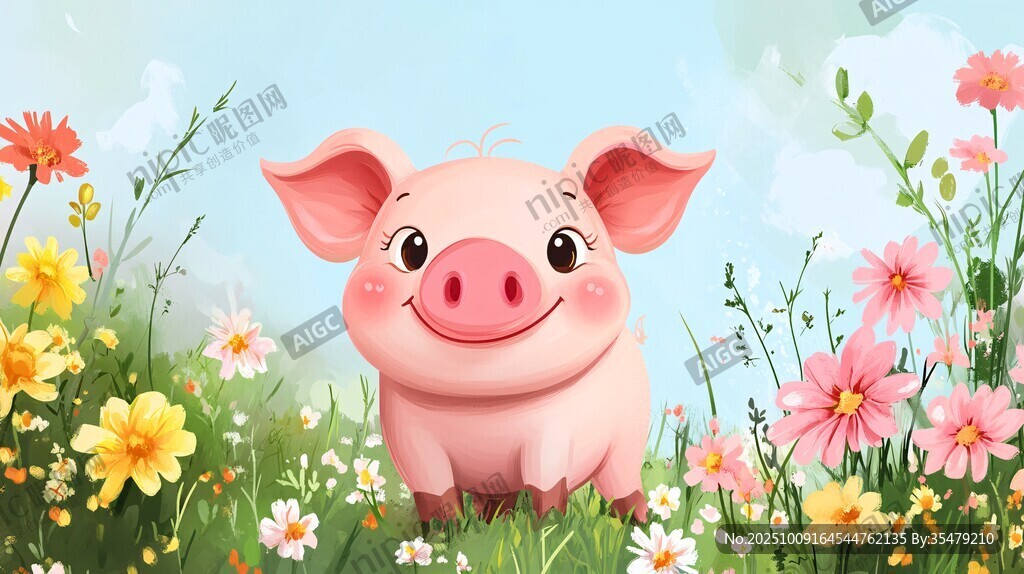 花叢中的可愛小豬