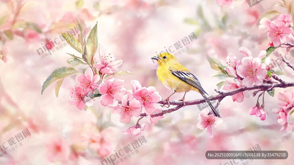 黃鶯棲于爛漫花枝間