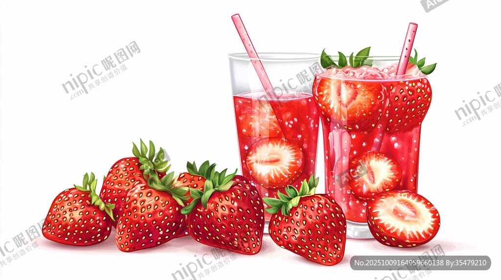 草莓飲品與鮮果插畫