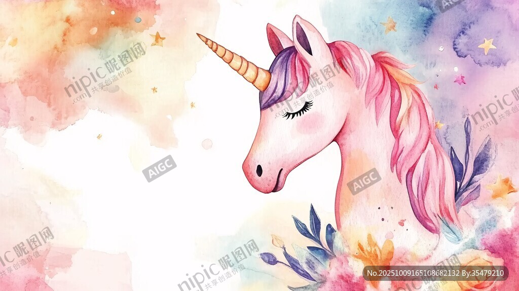 夢(mèng)幻獨(dú)角獸水彩花卉插畫