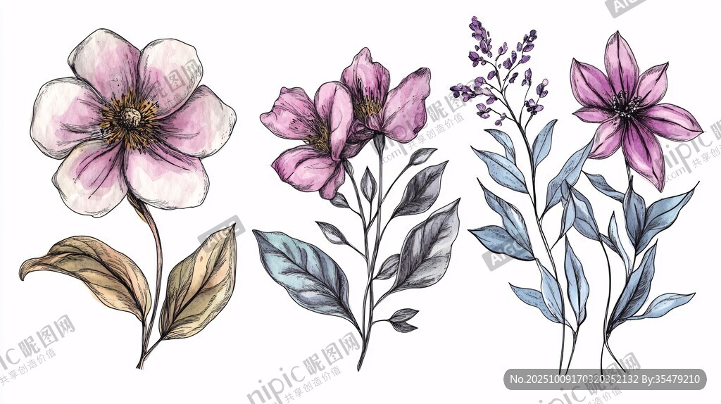 手繪粉色花卉植物插畫