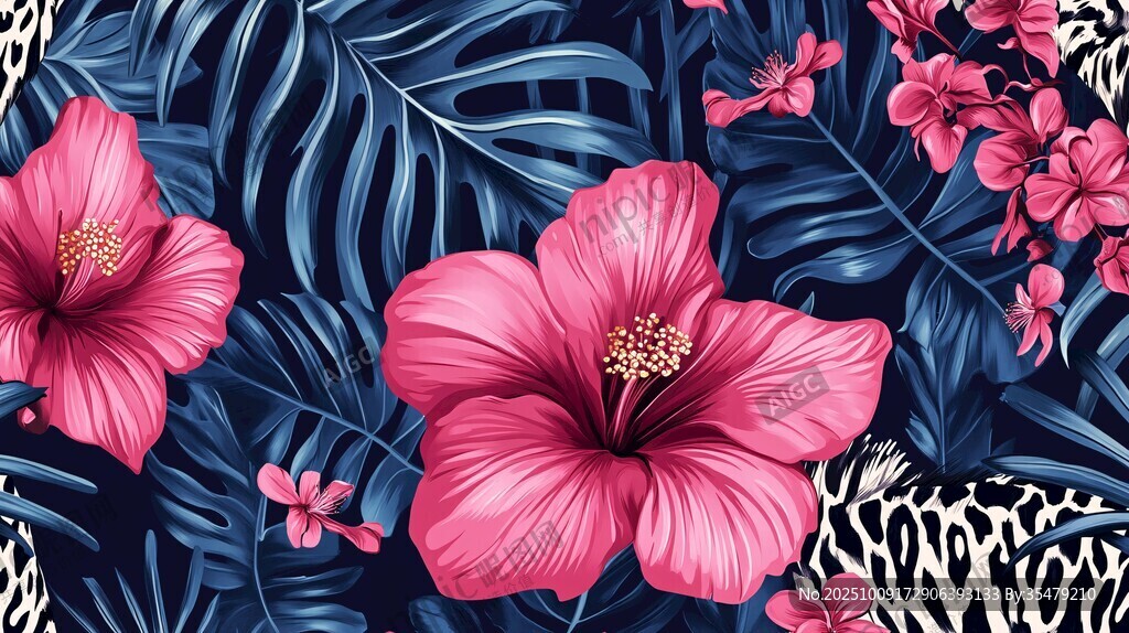 粉色扶桑與熱帶葉花紋圖案