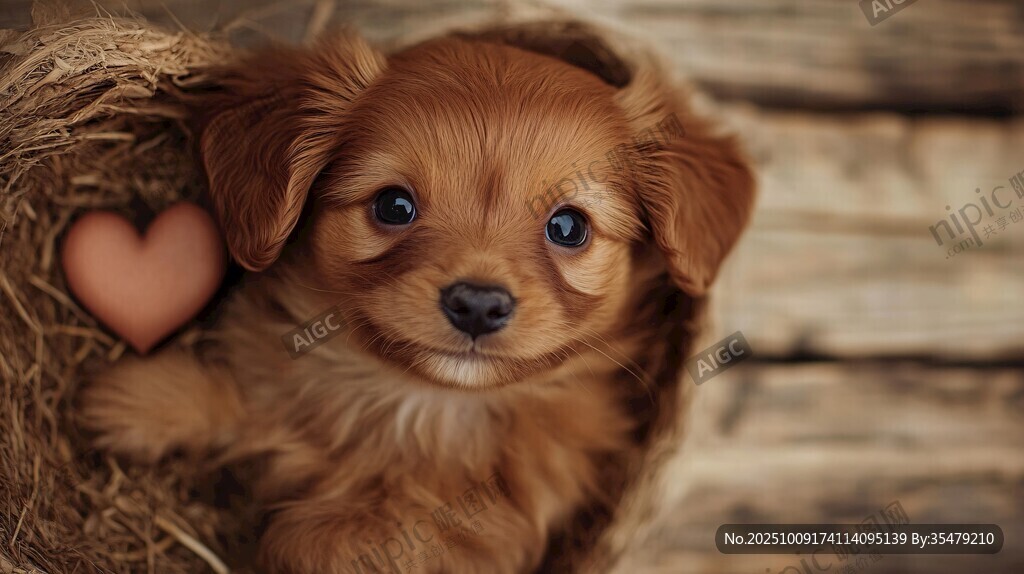 窩中的萌犬與愛心相伴