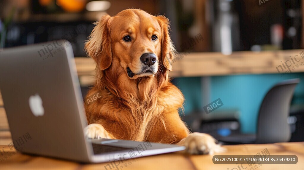 金毛犬專注看筆記本電腦