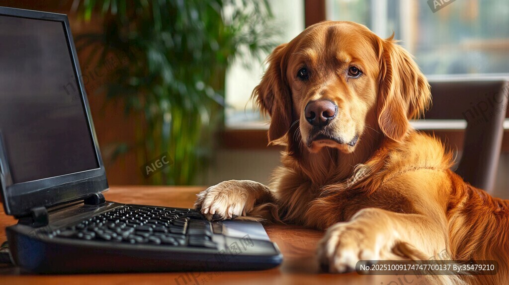 金毛犬趴桌伴黑屏電腦