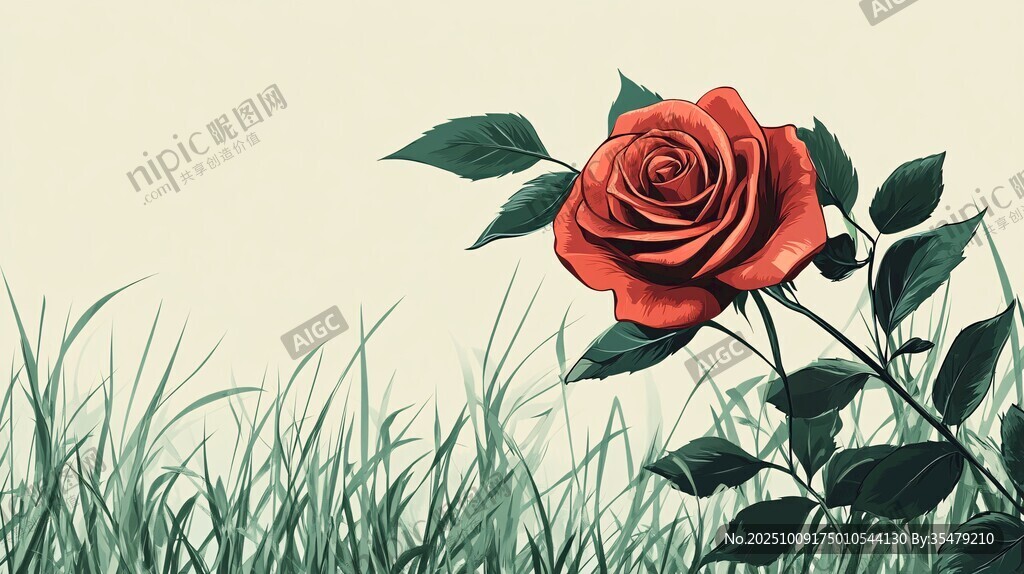 單枝紅玫瑰立于青草間