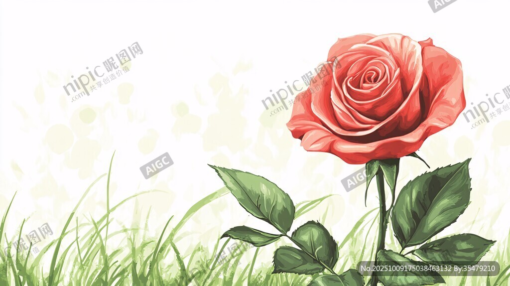 單枝紅玫瑰綻放于綠草間