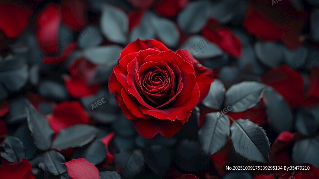 獨枝紅玫瑰綻于花葉間