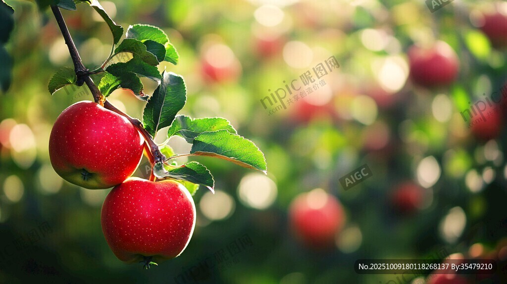 陽(yáng)光下的紅蘋果與綠葉