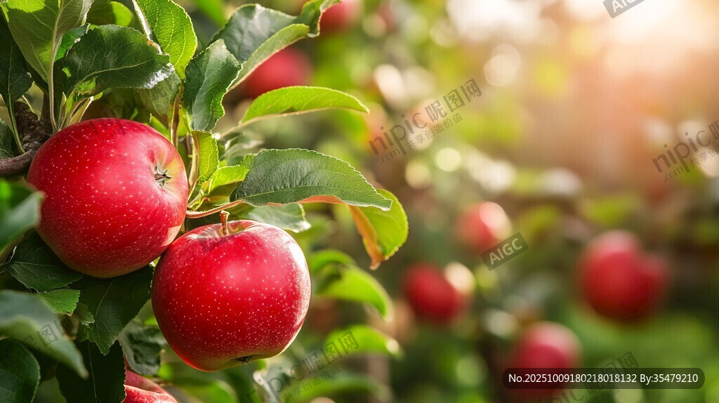 枝頭紅蘋果 陽光綠意間
