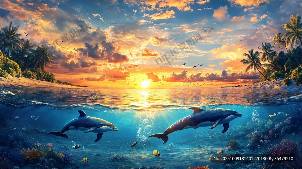 夕陽下海豚暢游的夢幻海域