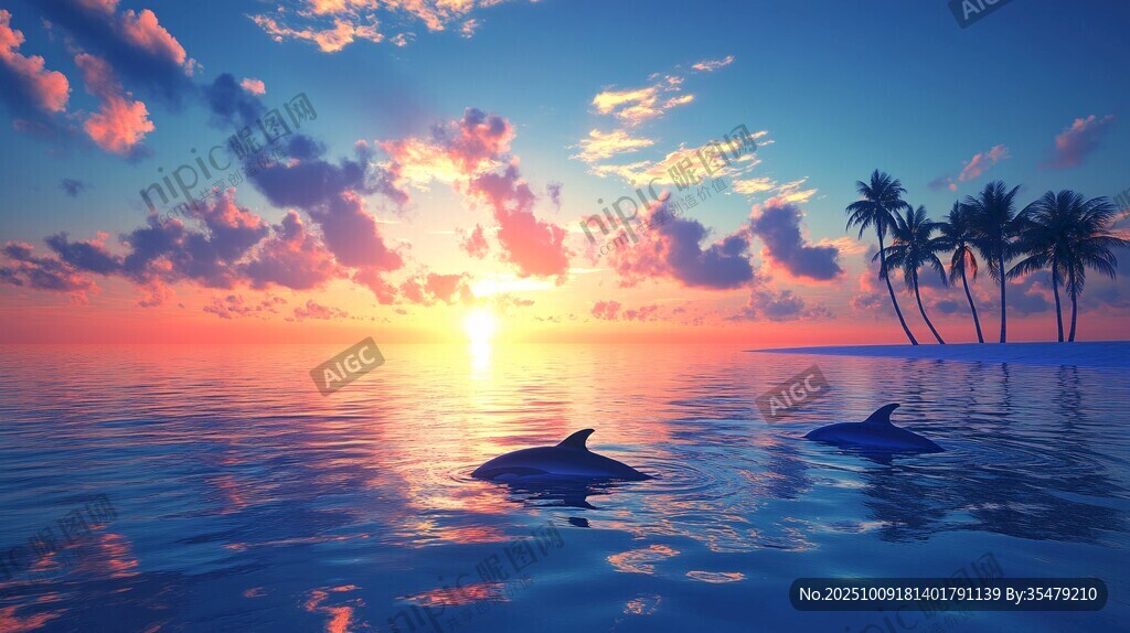 海上日落與海豚的夢(mèng)幻景象