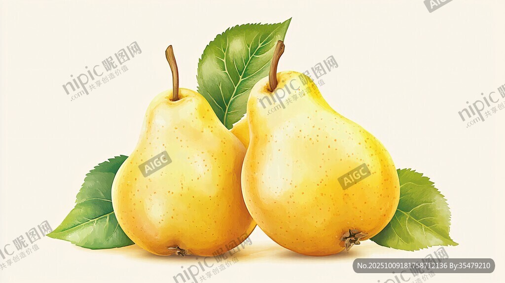 兩個黃梨帶綠葉插畫