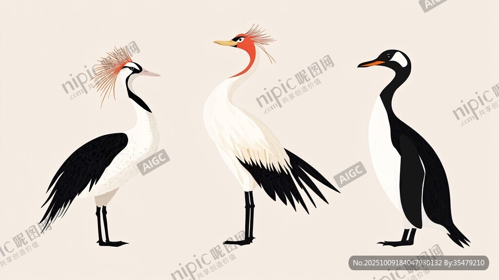 三只优雅鹤类插画展示 三只优雅鹤类插画展示