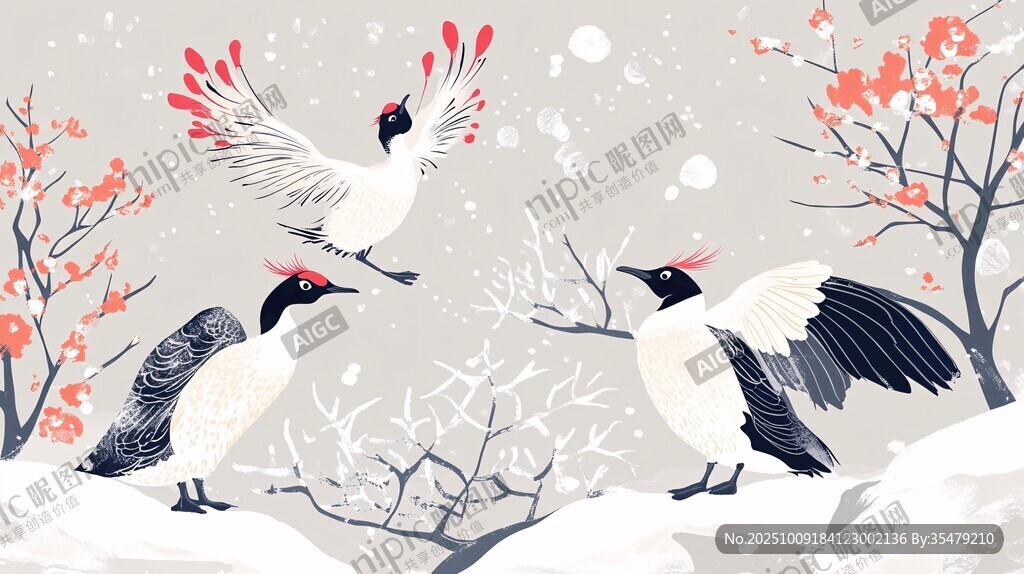 雪中丹頂鶴與繁花共舞