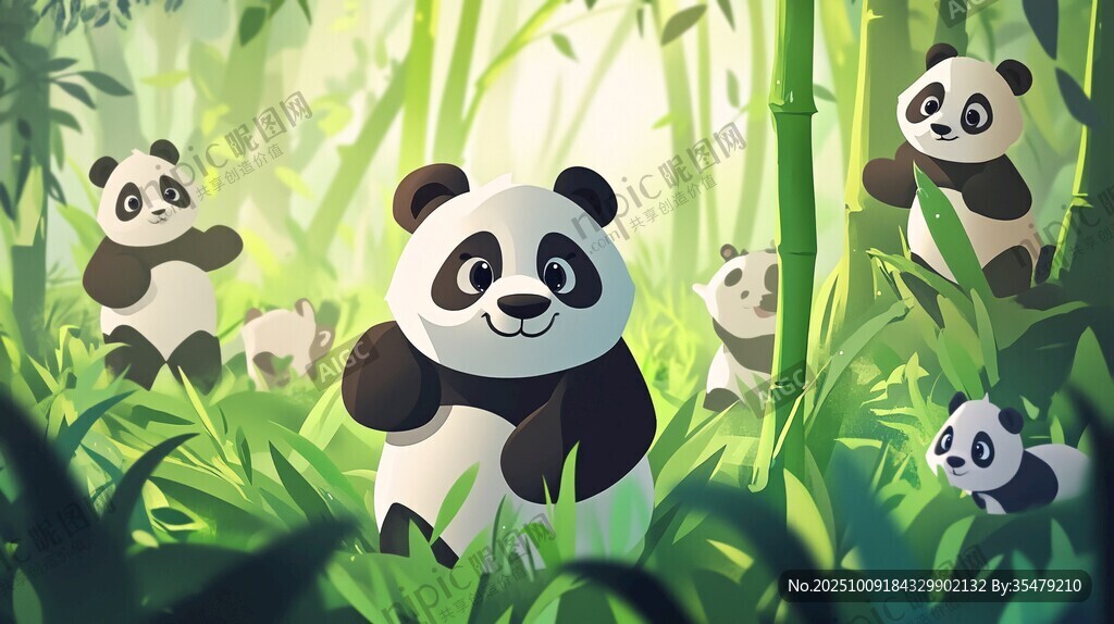竹林中的可愛(ài)熊貓家族