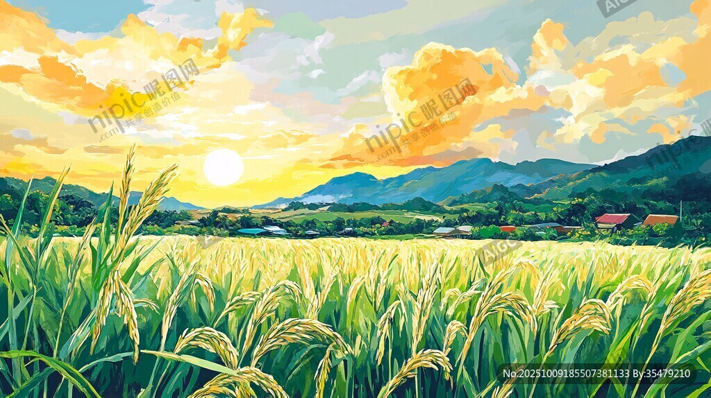 田園稻田夕陽美景