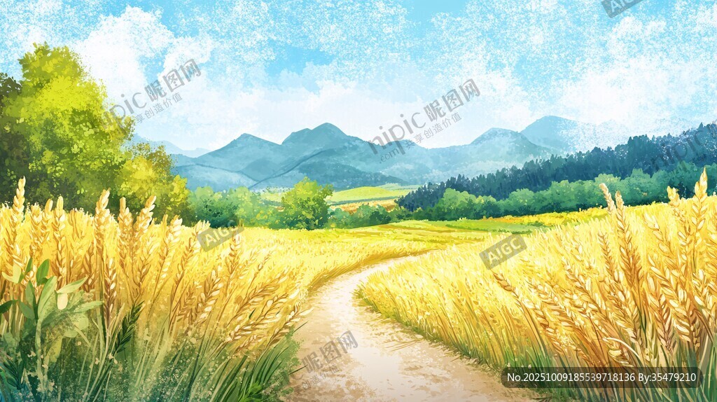 麥田間的小徑與遠(yuǎn)方山巒