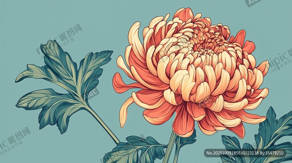 橙色菊花與綠葉插畫