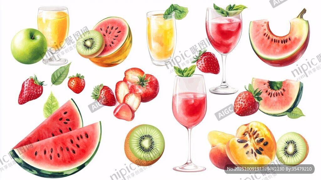 繽紛水果與飲品水彩插畫