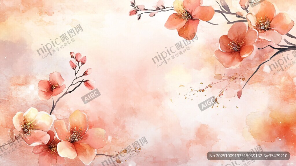 春日爛漫桃花水彩背景圖
