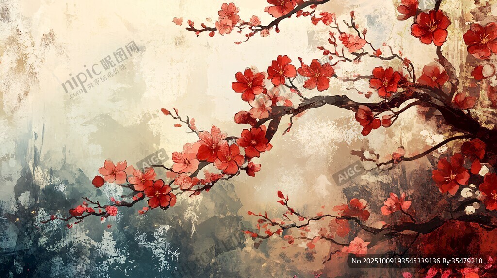 水墨紅梅圖