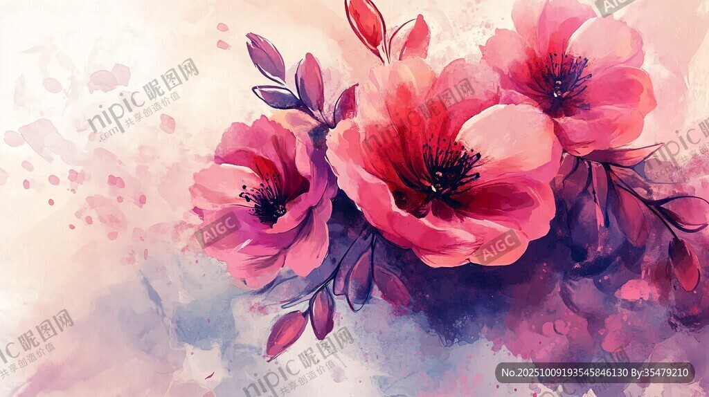 夢幻水彩風(fēng)綻放的艷麗花朵