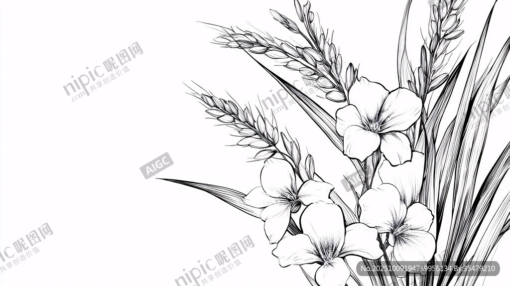 黑白花卉麥穗線稿插畫