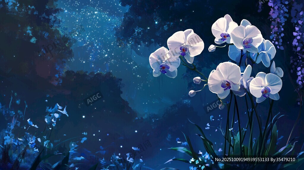 夢(mèng)幻藍(lán)調(diào)夜中綻放的蘭花