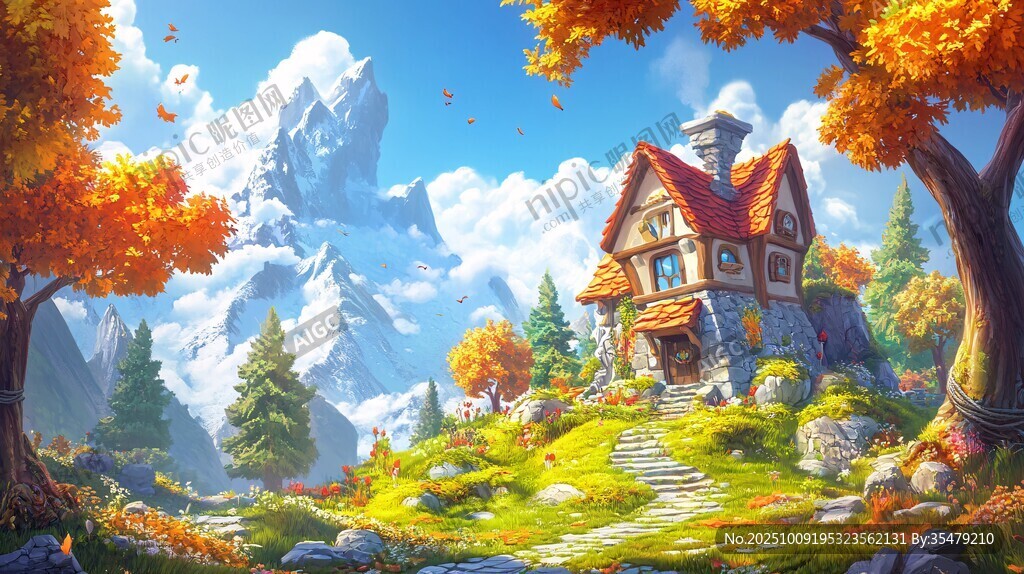 秋日山間童話小屋美景