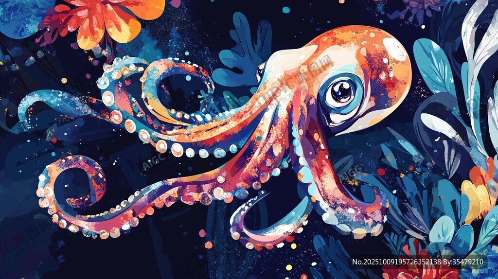 夢(mèng)幻章魚暢游多彩海底世界