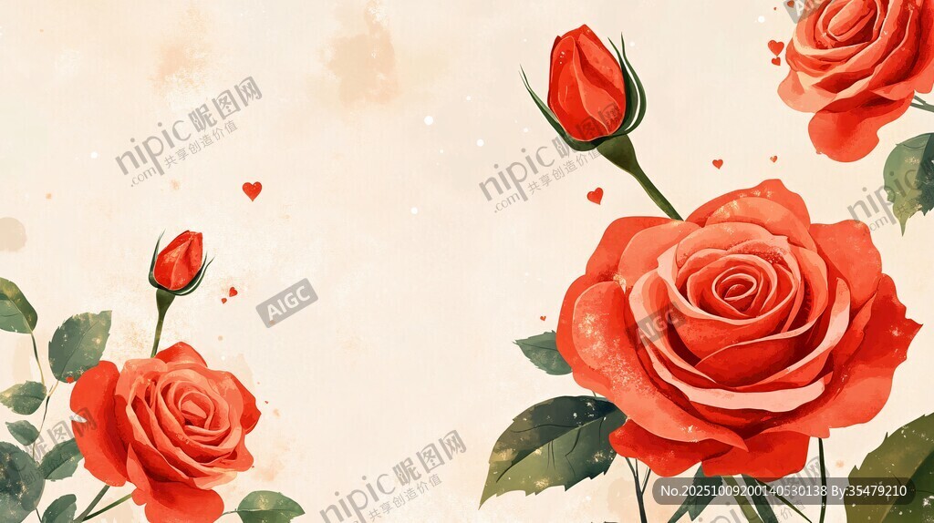 紅玫瑰水彩插畫浪漫花卉