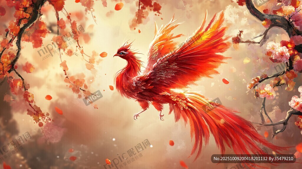 鳳凰展翅于爛漫花枝間