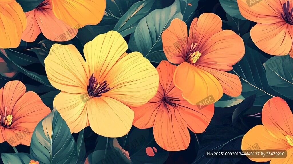 絢麗橙黃花朵與綠葉圖案